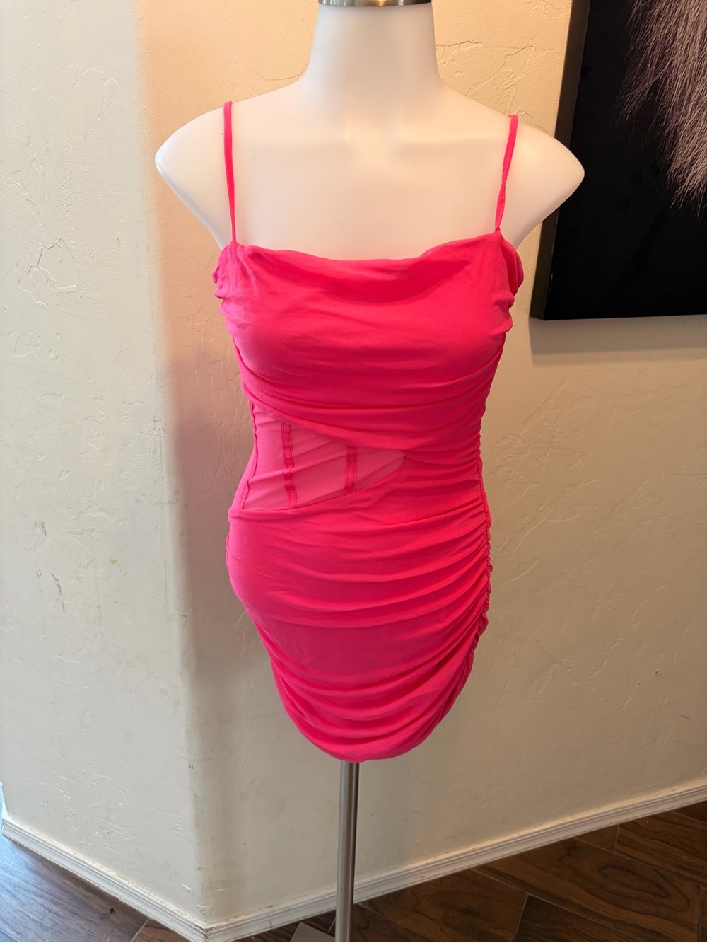 Ruched Neon Pink Spaghetti Strap Mini Dress